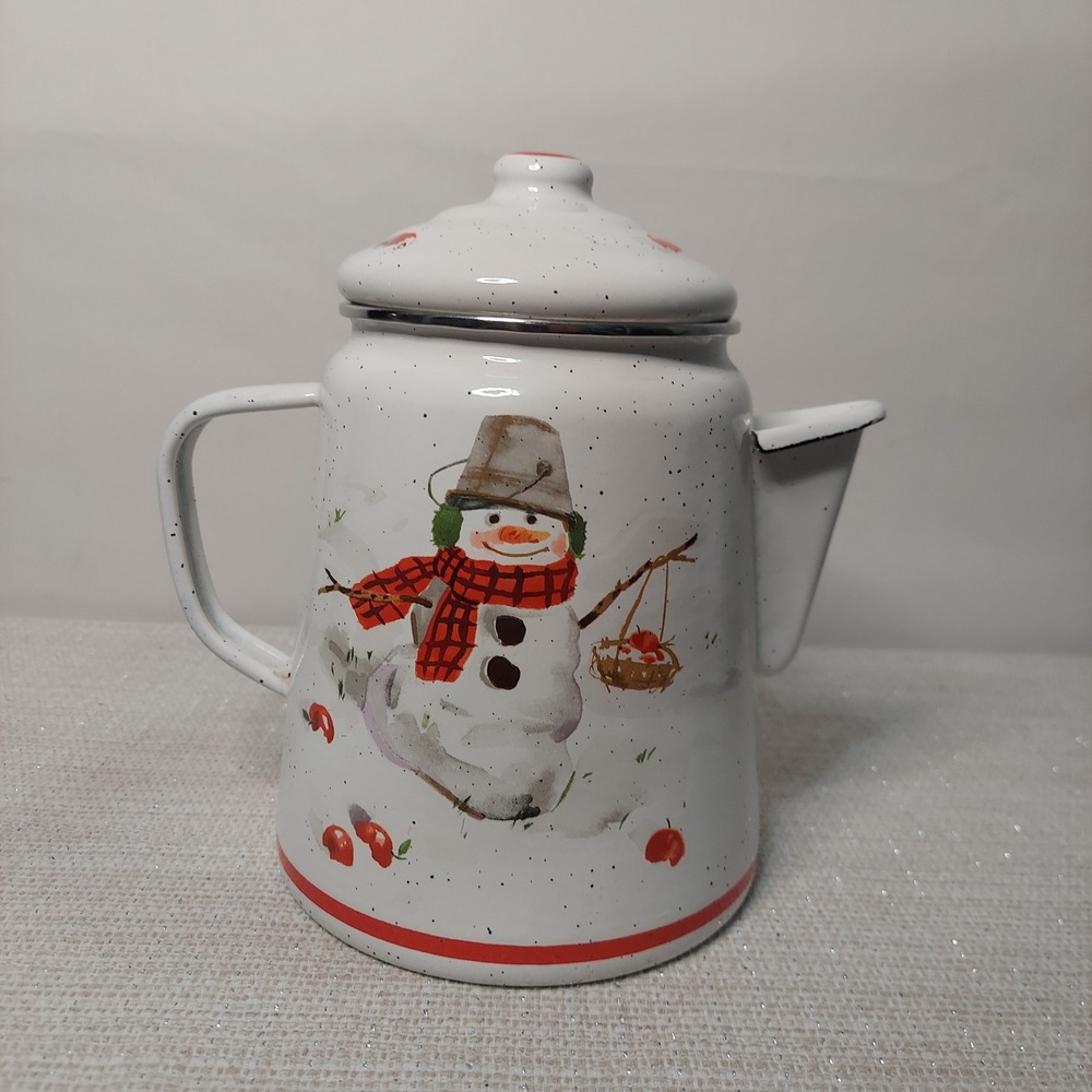 Hallmark Jan Korton Snowman Enamelware Teapot White Speckled Winter Coffee Pot